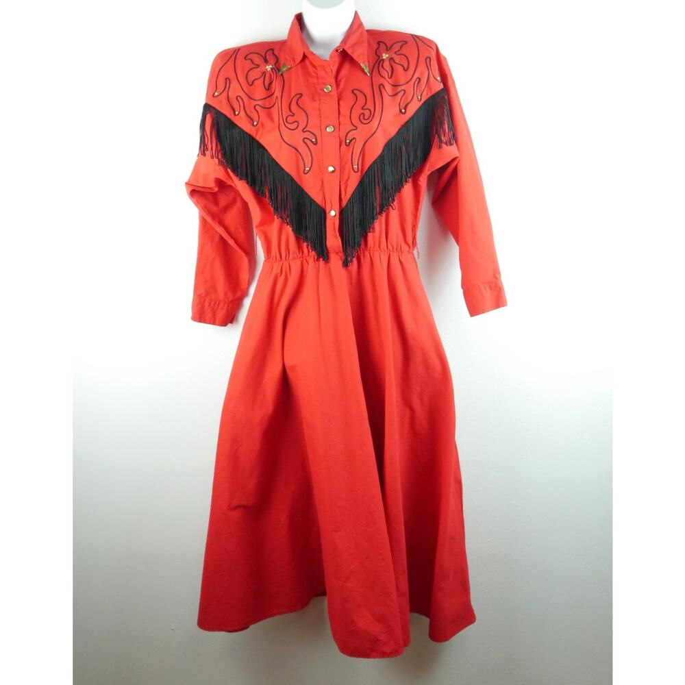 Vintage Lilia Smitty Red Western Prairie Dress Embroidered Fringe 80s Cowgirl